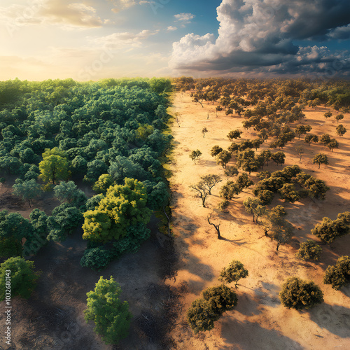 Forest transitioning from lush green to dry desert, illustrating deforestation and environmental degradation.