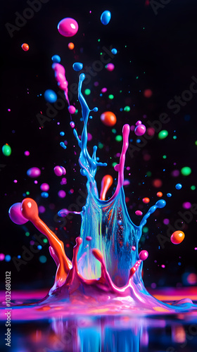 Neon-colored paint splashes forming abstract shapes in mid-air, symbolizing the power of imagination.