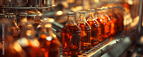 Bottles moving through a beverage filling machine in a bottling plant, beverage production line, food processing