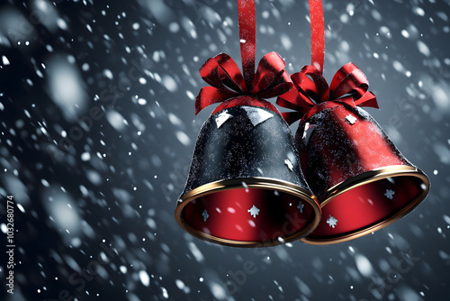 Christmas bells in red and black with a snowy background, 3D illustration