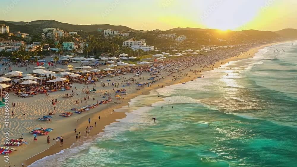 Vibrant, lively beach filled with sunbathers and families enjoying the warm weather under colorful umbrellas. Gentle waves lap against the shore as people relax. Vibrant, lively beach filled with sunbathers and families enjoying the warm weather under colorful umbrellas. Gentle waves lap against the shore as people relax.