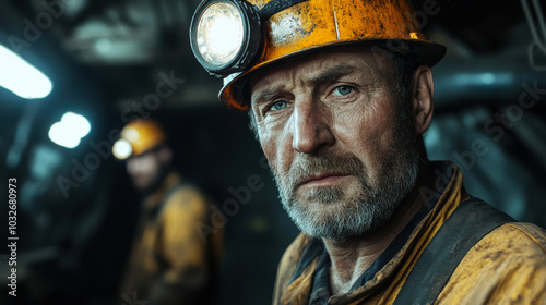 A miner wearing an orange hard hat and headlamp gazes intensely in a dimly lit underground mine during a work shift photo