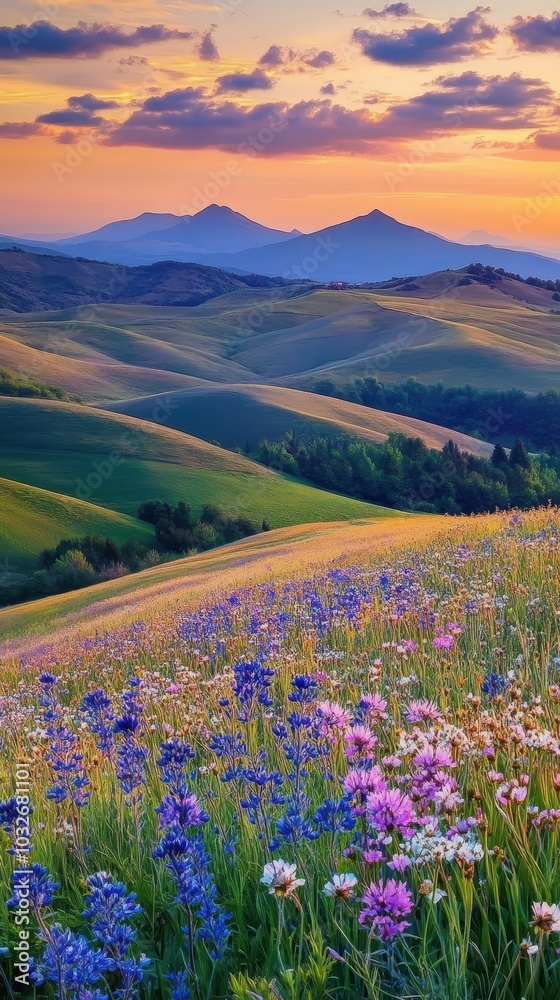 Fototapeta premium Rolling Hills with Wildflowers at Sunset