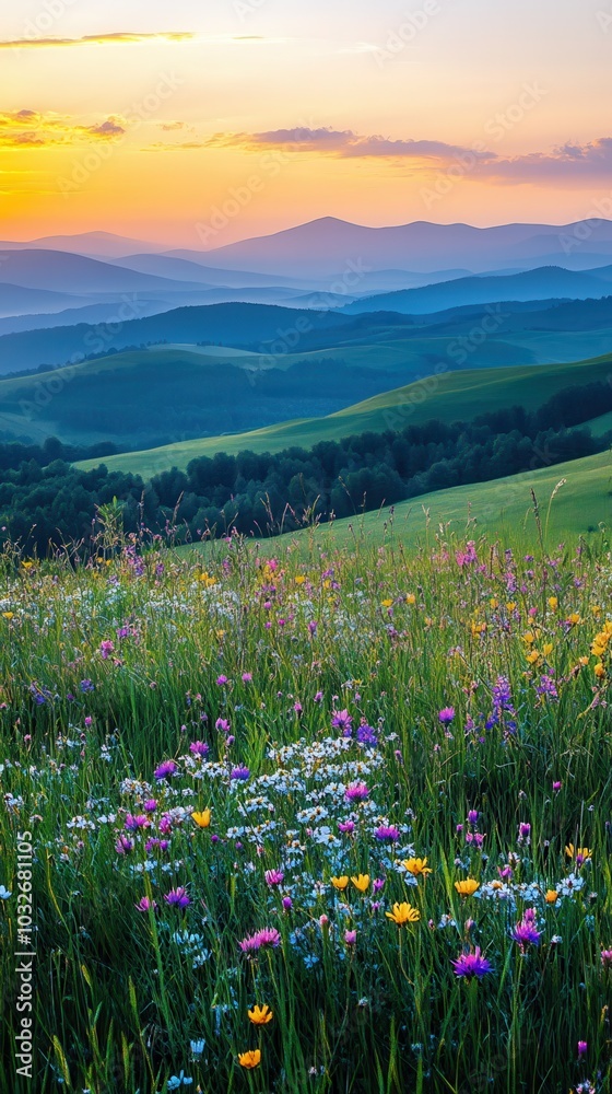 Obraz premium Rolling Hills with Wildflowers and Sunset Glow