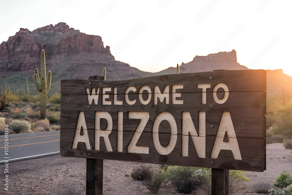 Obraz premium Rustic Welcome to Arizona Wooden Sign on Desert Road, USA Travel and Tourism Symbol 