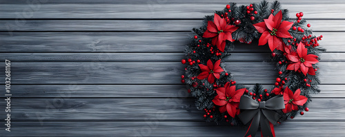 Christmas wreath with red flowers and black ribbons, on a wooden door, 3D illustration