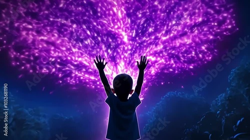 Wallpaper Mural Child reaches for glowing purple tree in enchanted forest night scene Torontodigital.ca