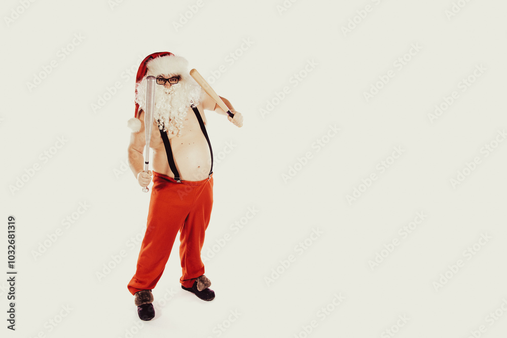 Bad Santa Claus with a baseball bat. Retro style. Bad Santa Claus with a baseball bat. Retro style.