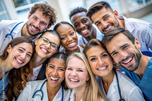 Group of happy medical students, interns, future doctors and nurse. Studying medicine. People in medical uniform. Healthcare young workers in clinic, hospital