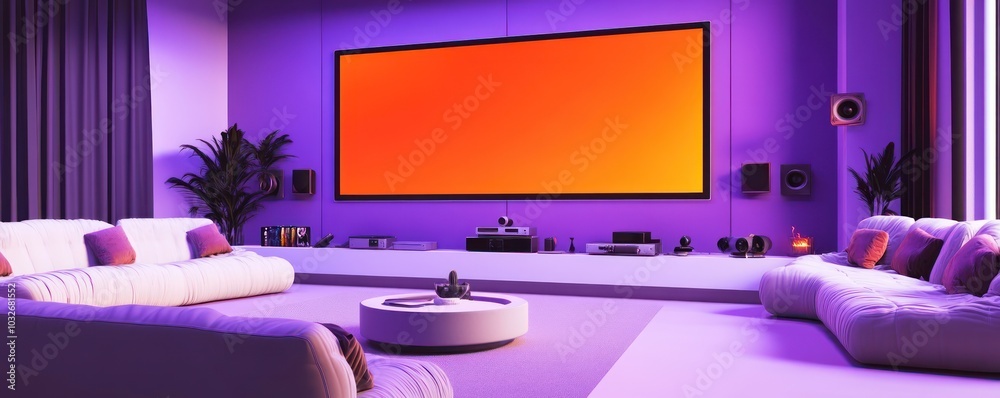 purple and white entertainment room with a wall-mounted orange LED screen surround sound system and plush seating purple and white entertainment room with a wall-mounted orange LED screen surround sound system and plush seating