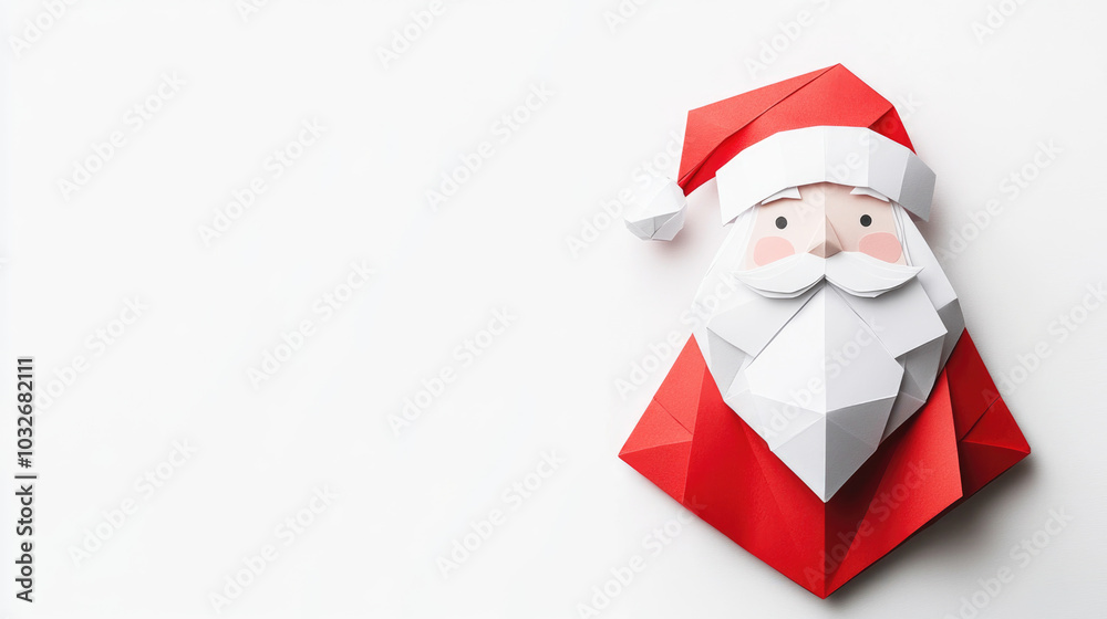 Origami santa claus in red and white paper on minimalist background