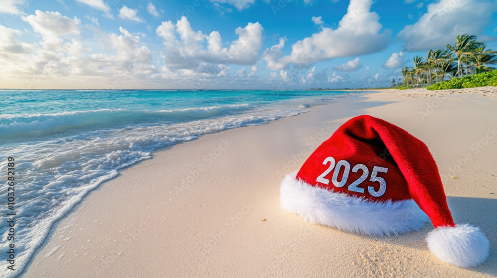 Santa hat with 2025 on tropical beach: celebrating christmas in paradise Santa hat with 2025 on tropical beach: celebrating christmas in paradise