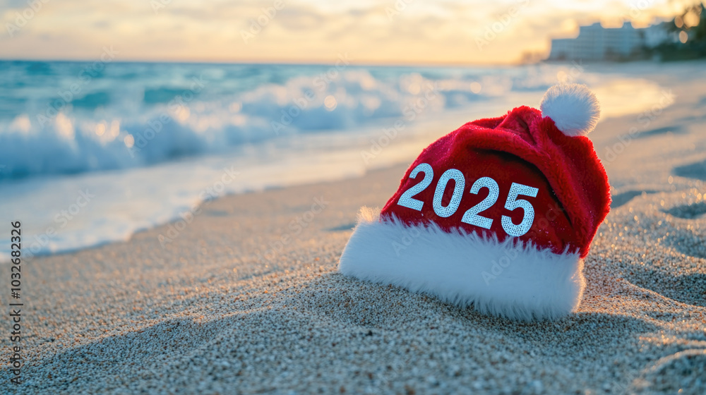 Santa hat with 2025 on sandy beach during sunset