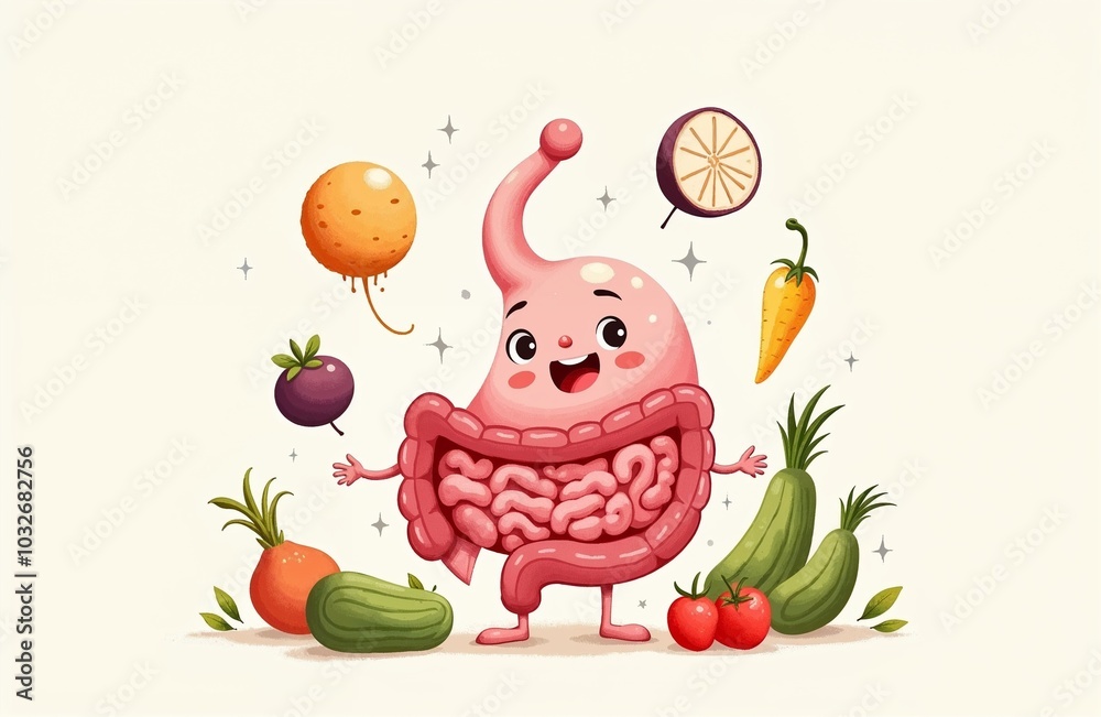 Cute cartoon character of stomach with vegetables and fruits, healthy digestion theme, colorful illustration
