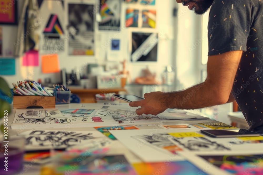 Fototapeta premium Graphic Designer Collaborating with Client on Logo Designs in Creative Studio Setting