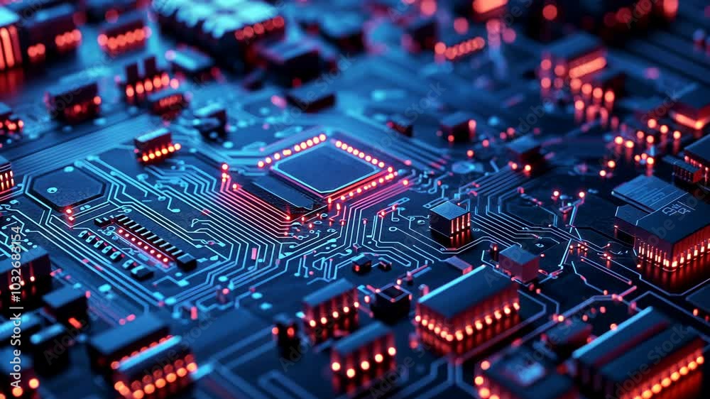 A close-up of a circuit board with glowing red lights, showcasing the intricate network of pathways and components A close-up of a circuit board with glowing red lights, showcasing the intricate network of pathways and components