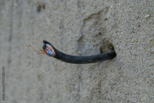 protruding antenna cable on the facade of the house. cable on the wall of the house