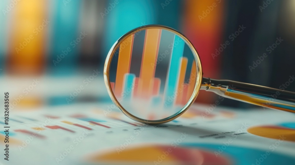 A magnifying glass focuses on colorful graphs and charts on a document. A magnifying glass focuses on colorful graphs and charts on a document.