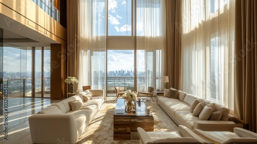 A spacious, modern living room with large windows offering a city view.