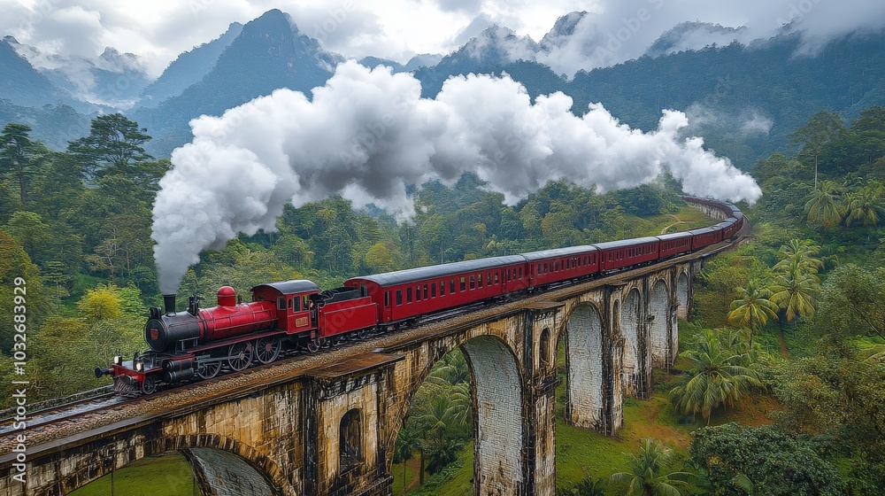 impressive old red locomotive running on the tracks of a long bridge with beautiful scenery behind it impressive old red locomotive running on the tracks of a long bridge with beautiful scenery behind it