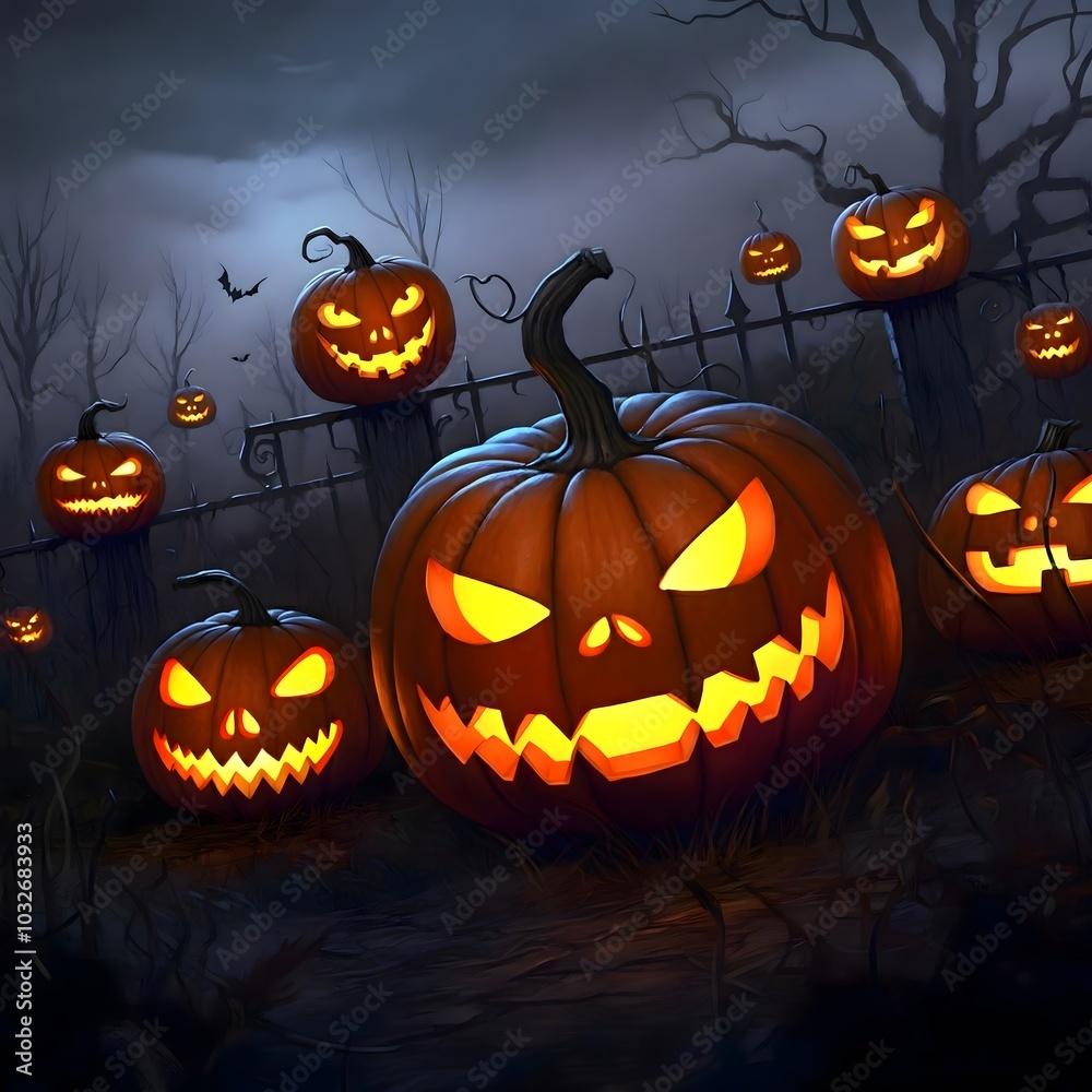 Spooky illuminated pumpkins in a misty graveyard at night Spooky illuminated pumpkins in a misty graveyard at night