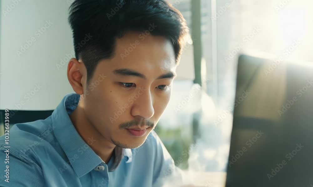 Vietnamese Man Working on Multiple Laptops in Modern Office Vietnamese Man Working on Multiple Laptops in Modern Office