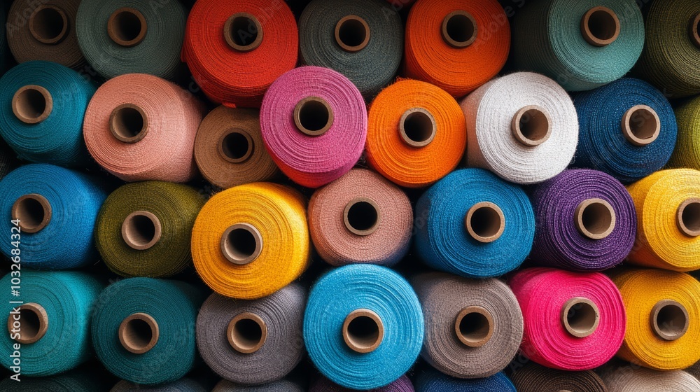 Colorful spools of yarn arranged beautifully in a vibrant display. Colorful spools of yarn arranged beautifully in a vibrant display.