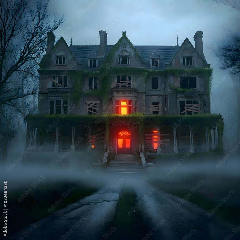 Eerie Abandoned Mansion Surrounded by Mist on a Dark Night Eerie Abandoned Mansion Surrounded by Mist on a Dark Night