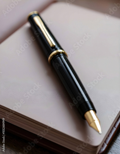 A luxury fountain pen resting on a leather-bound notebook, symbolizing sophistication and classic style in a refined workspace setting.
