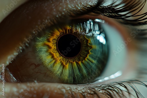 macro and close-up picture of colorful and detailed human eye and it's pupil and eyelashes photo