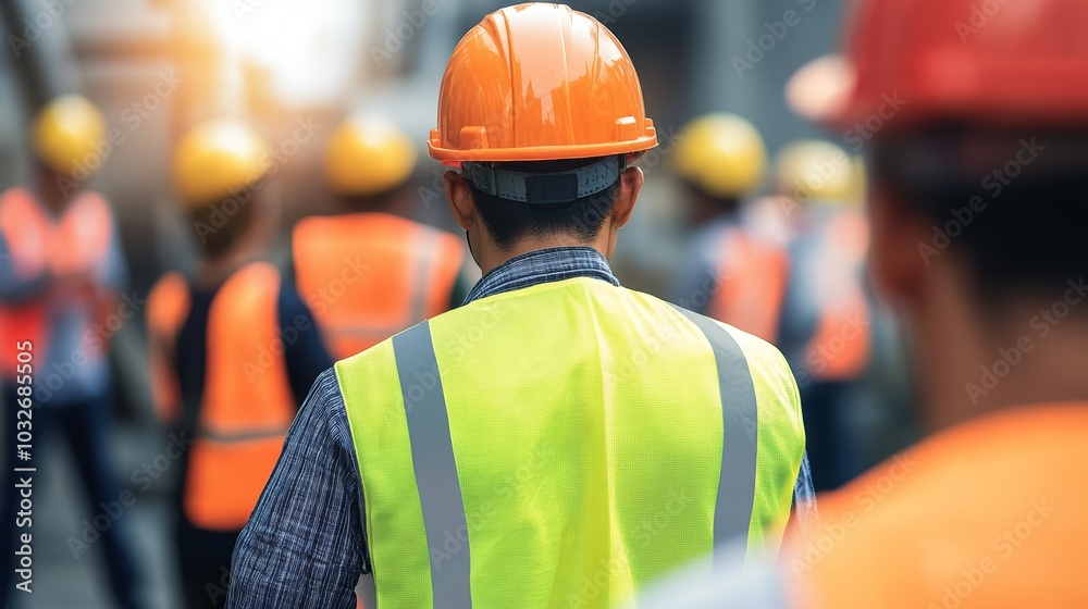 A male construction worker in an orange hard hat and safety vest looking towards a busy site. A male construction worker in an orange hard hat and safety vest looking towards a busy site.