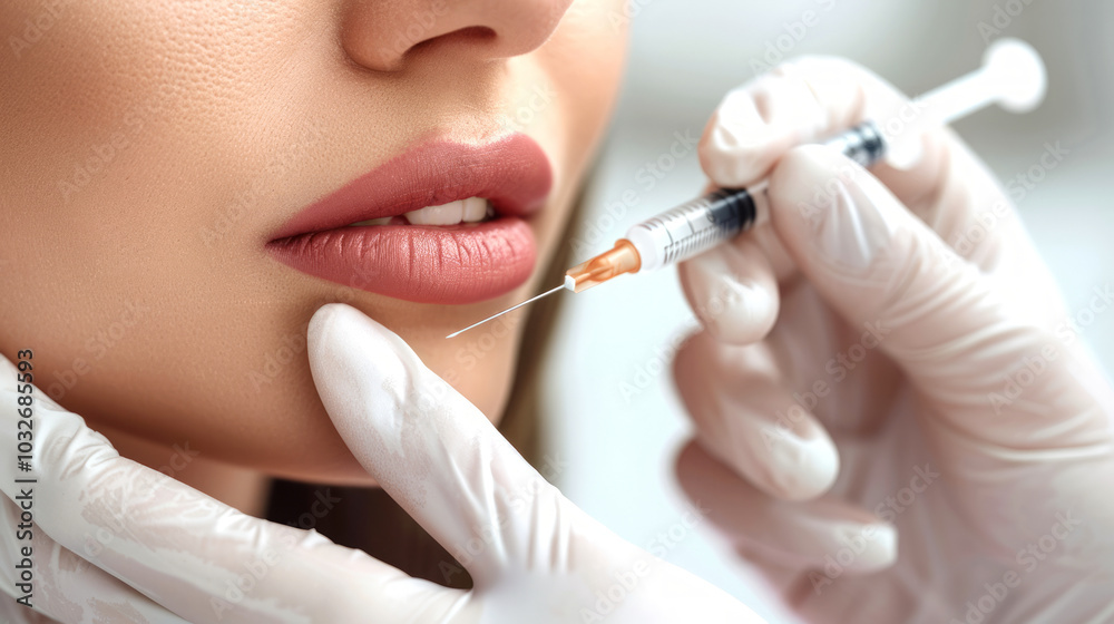 Close-up of a woman's lips receiving a Beauty Facial skin injection. Concept of cosmetic enhancement, beauty treatment, medical procedure, and dermatology Close-up of a woman's lips receiving a Beauty Facial skin injection. Concept of cosmetic enhancement, beauty treatment, medical procedure, and dermatology