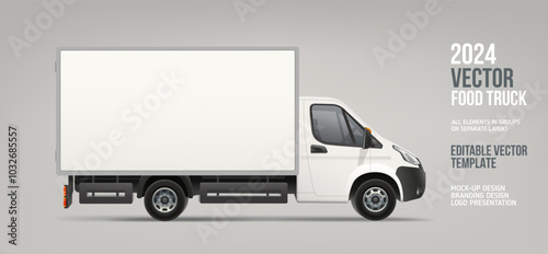 Side view Delivery Food Truck blank mockup. Whiye Food delivery Van with spaxe for logo or your branding design. Gargo Truck blank mockup for brand identity or AD banner