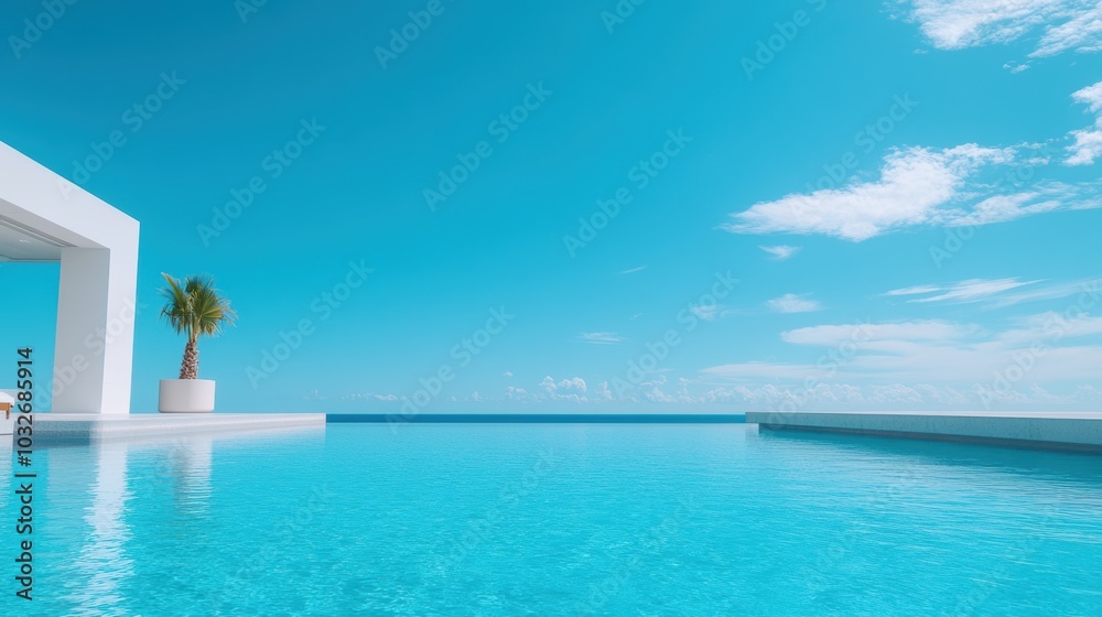 Minimalist infinity pool with palm tree and ocean view. Luxury resort concept.