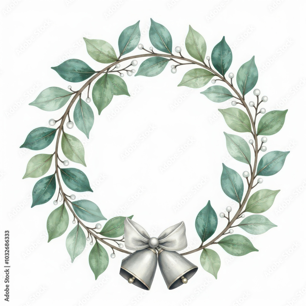 Naklejka premium Watercolor Christmas wreath with green foliage and silver bells isolated on white background. Floral illustration for design, print, fabric or background