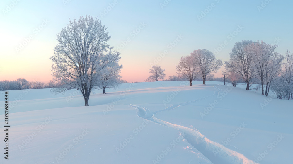 Serene Winter Landscape with Snow-Covered Meadow and Frosty Trees at Sunrise in a Misty Valley. Concept of Winter Calm, Natural Beauty, Seasonal Scenery, Outdoor Tranquility Serene Winter Landscape with Snow-Covered Meadow and Frosty Trees at Sunrise in a Misty Valley. Concept of Winter Calm, Natural Beauty, Seasonal Scenery, Outdoor Tranquility