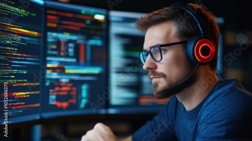 Male programmer working at computer with code on screens in dark room.