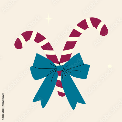 Christmas candy cane with bow.  Holiday icon for greeting cards. Sweet stripes candy. Merry Christmas and Happy New Year design for ad, poster, greeting card, sticker, banner
