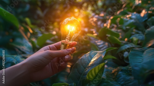 Hand holding light bulb against nature on green leaf with energy sources, Sustainable developmen and responsible environmental, Energy sources for renewable, Ecology concept. photo