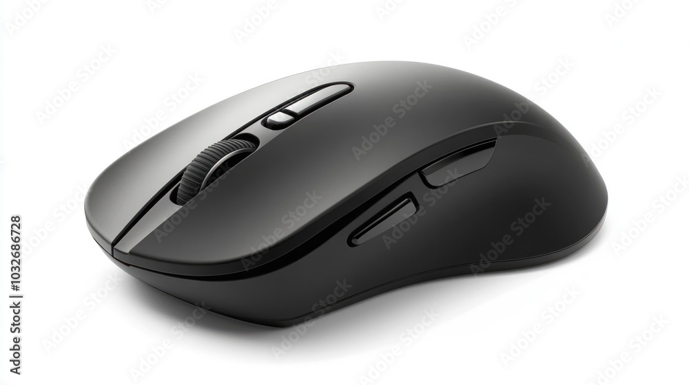 A sleek black computer mouse designed for ergonomic use and precision control. A sleek black computer mouse designed for ergonomic use and precision control.