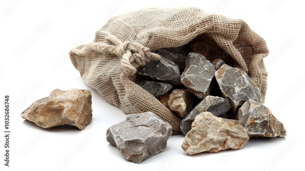 Sack Filled with Crushed Stone Aggregate on White Background. Concept of Construction Material, Natural Stone, Industrial Supply, Building Resources Sack Filled with Crushed Stone Aggregate on White Background. Concept of Construction Material, Natural Stone, Industrial Supply, Building Resources