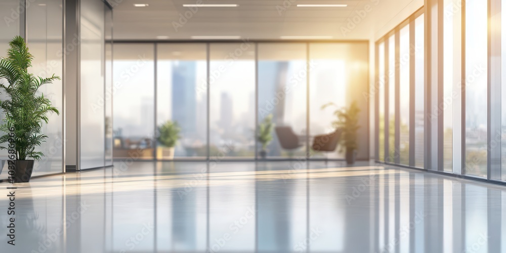Fototapeta premium Serene Blurred Office Interior Featuring Expansive Panoramic Windows and Contemporary Design Elements for a Modern Work Environment