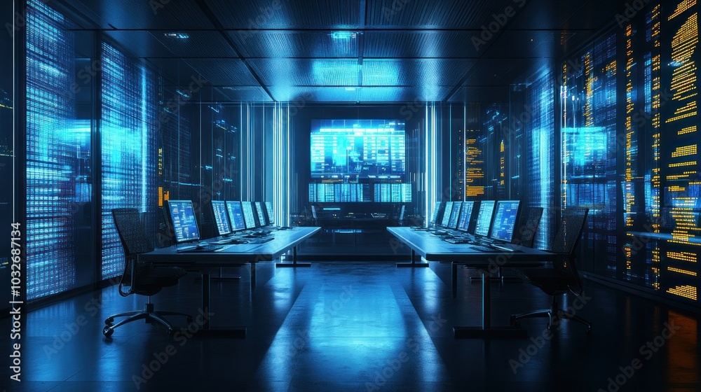 A modern data center with multiple computer workstations and digital displays. A modern data center with multiple computer workstations and digital displays.