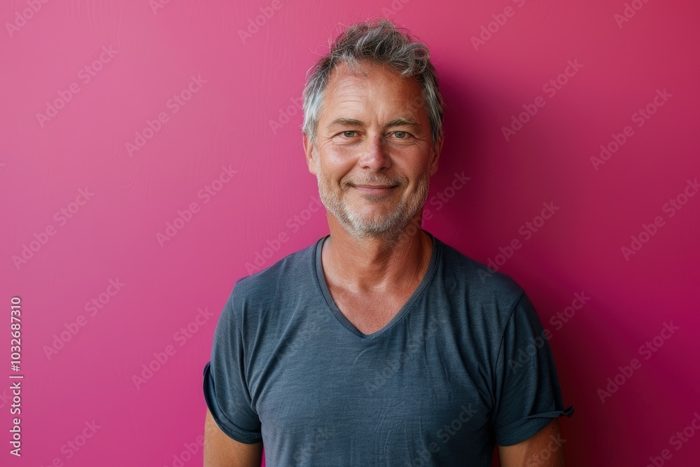 Confident Middle-Aged Man in Grey T-Shirt Against Vibrant Pink Background for Lifestyle Concept Confident Middle-Aged Man in Grey T-Shirt Against Vibrant Pink Background for Lifestyle Concept
