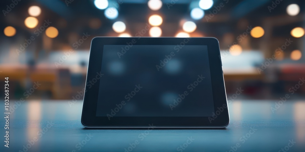 Modern Computer Tablet Displayed Against a Blurred Warehouse Background Highlighting Technology in Industrial Settings Modern Computer Tablet Displayed Against a Blurred Warehouse Background Highlighting Technology in Industrial Settings