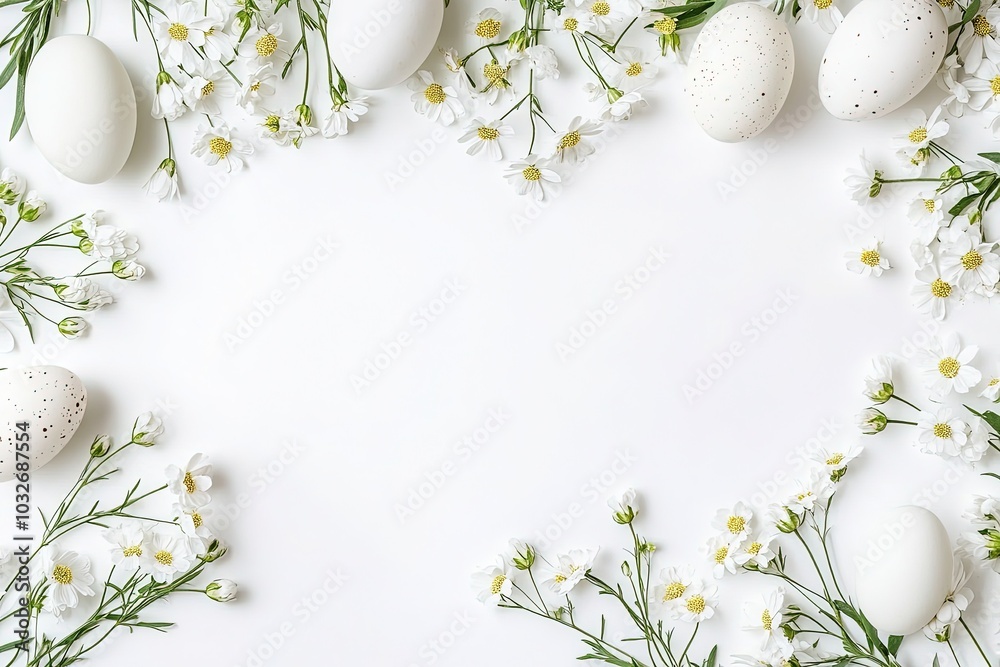 Easter Background with White Flowers and Eggs, Flat Lay Composition Easter Background with White Flowers and Eggs, Flat Lay Composition
