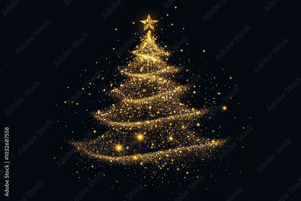 Illustration of a golden glowing Christmas tree on a black background. Elegant card template with golden shiny fir tree. Glitter Illustration of a golden glowing Christmas tree on a black background. Elegant card template with golden shiny fir tree. Glitter