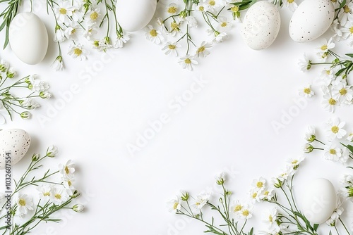 Easter Background with White Flowers and Eggs, Flat Lay Composition