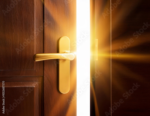 Open door is emanating bright light, symbolizing opportunity, hope, and a positive outlook on life