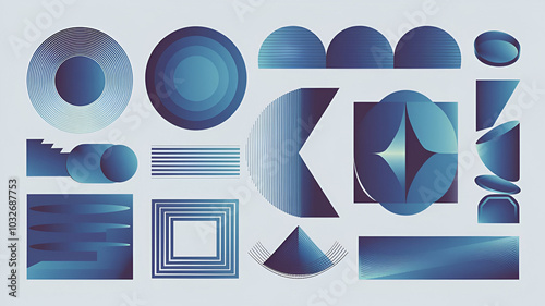 A minimalist abstract design featuring blue (cyan) geometric shapes with gradient effects, creating a sense of depth and movement. Great for modern design and visual inspiration.